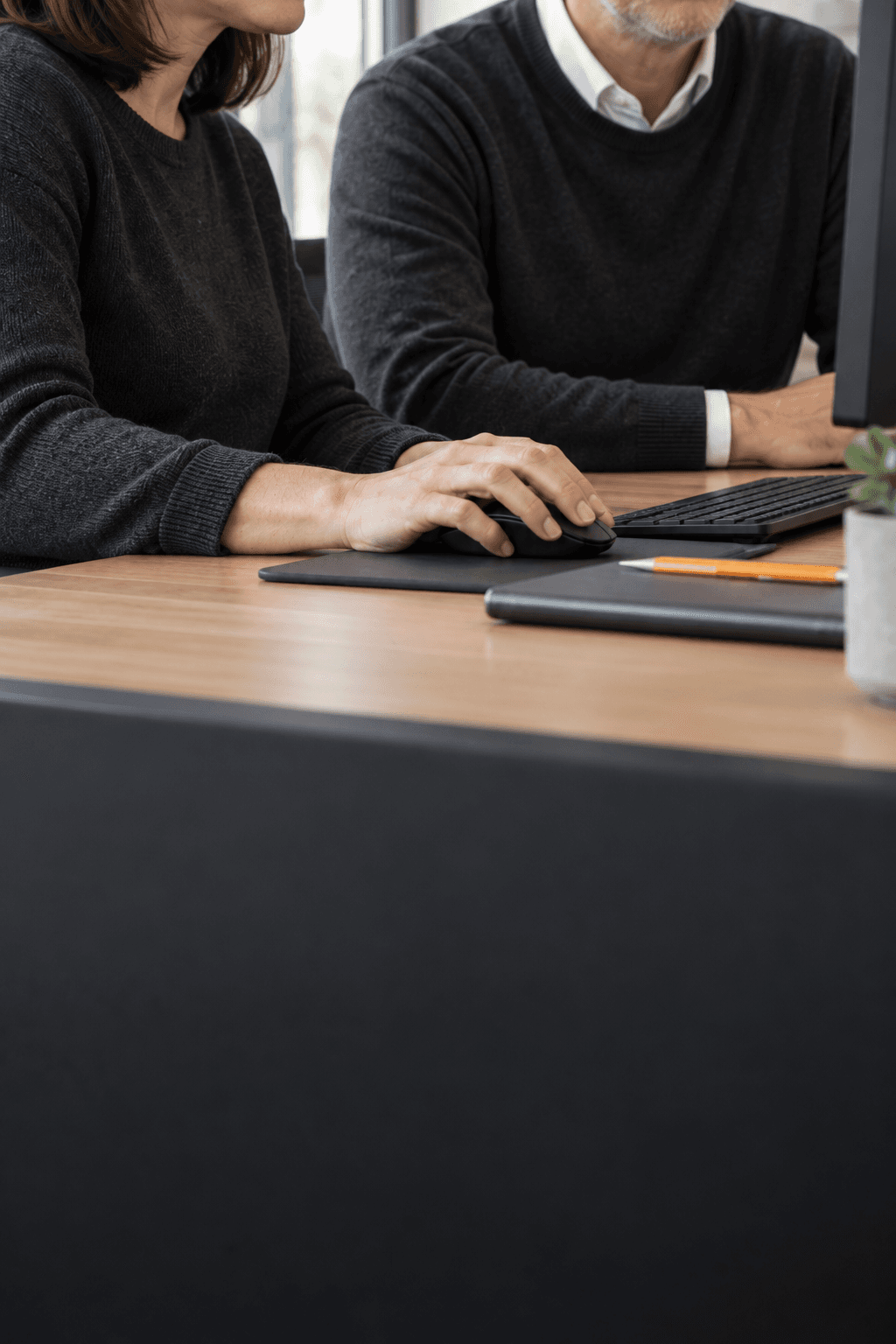 Detailaufnahme zweier Steuerberater am Arbeitsplatz mit Händen, Tastatur und Maus. Generiertes Kanzleimotiv.