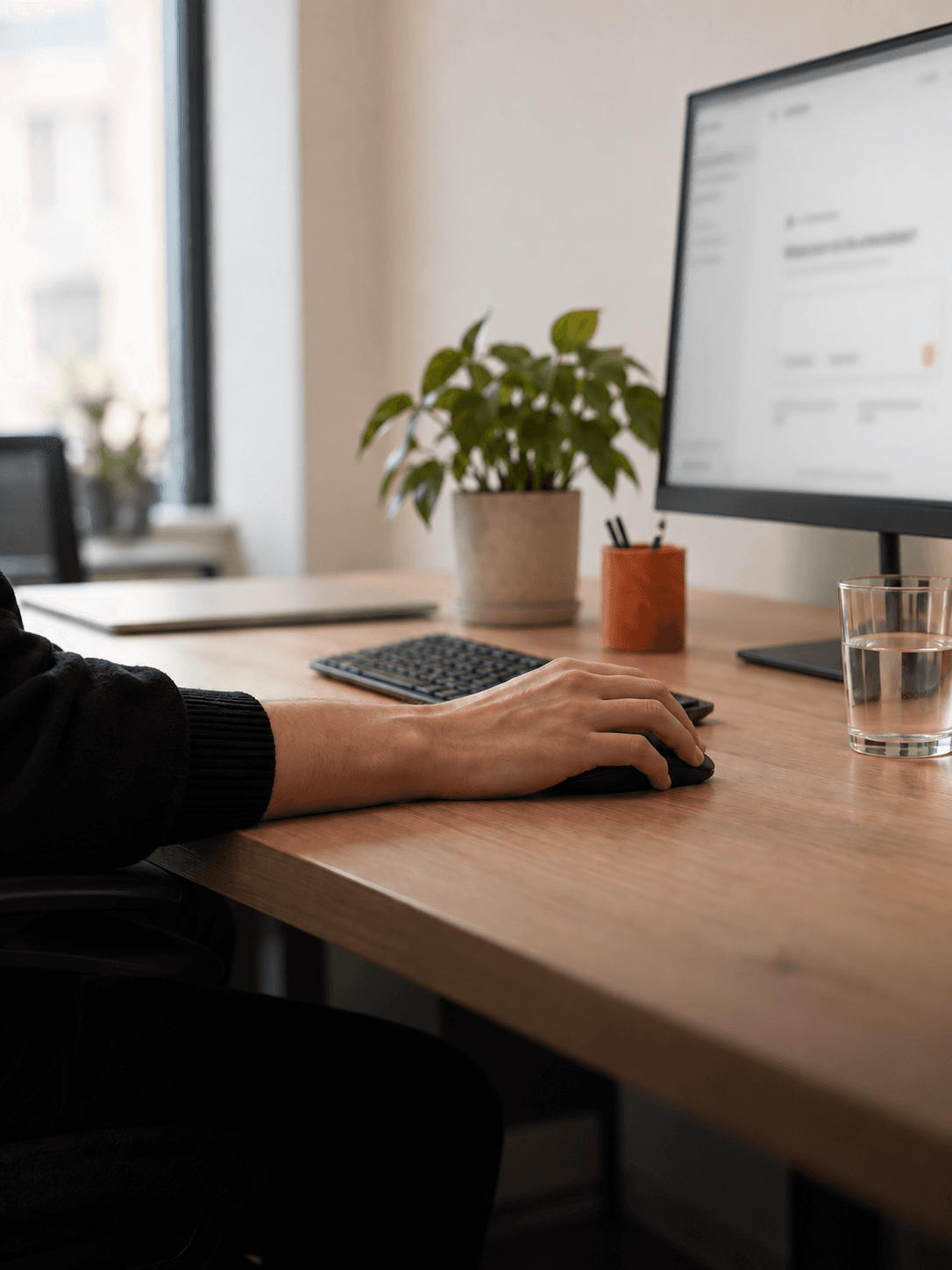 Büroszene: eine Person nutzt den aktero-Assistenten am PC.